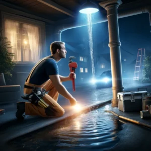 A plumber responding to an urgent nighttime plumbing issue.
