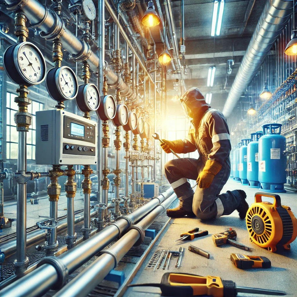 Commercial gas technician setting up a new gas system in an industrial environment in Haverhill Suffolk