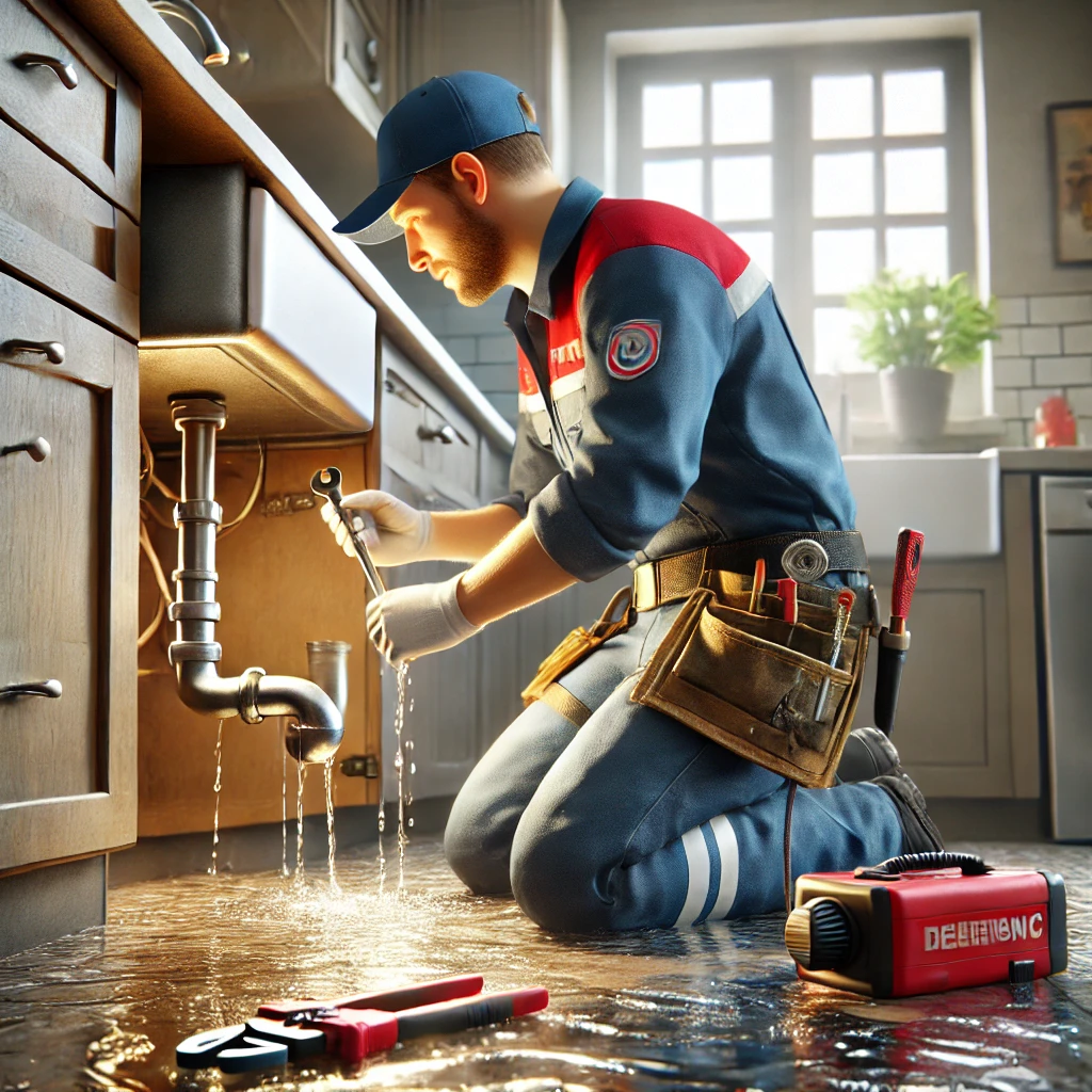 Emergency plumber fixing a leaking pipe under a sink in a residential kitchen in Haverhill Suffolk