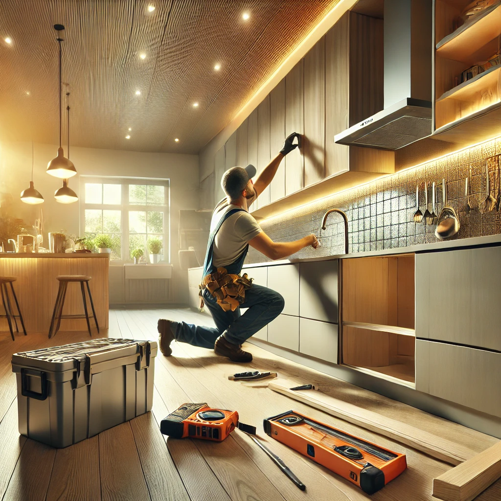 Kitchen renovation expert installing cabinets and a sink in a modern kitchen in Haverhill suffolk