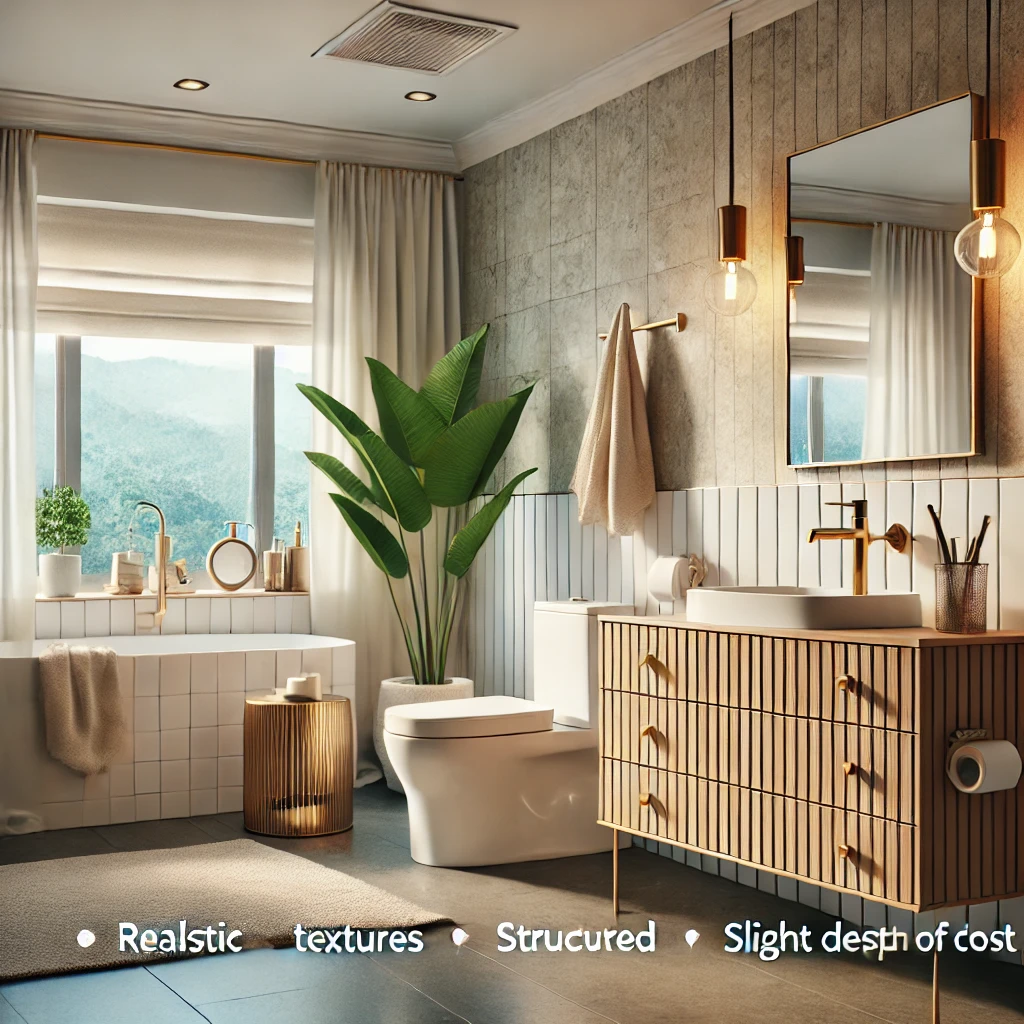 A budget-friendly bathroom renovation with cost-effective fixtures, stylish modern tiles, and an elegant yet affordable vanity. The design balances aesthetics and affordability.