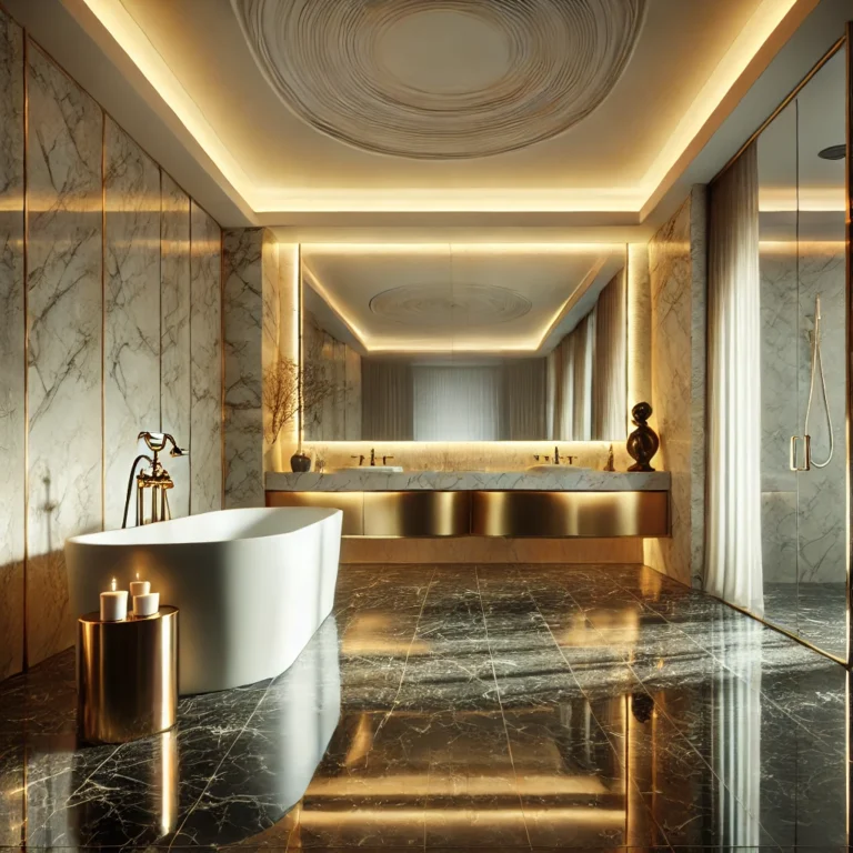 A high-end luxury bathroom with marble flooring, a freestanding bathtub, gold-accented fixtures, and ambient lighting. The space exudes elegance and modern sophistication.