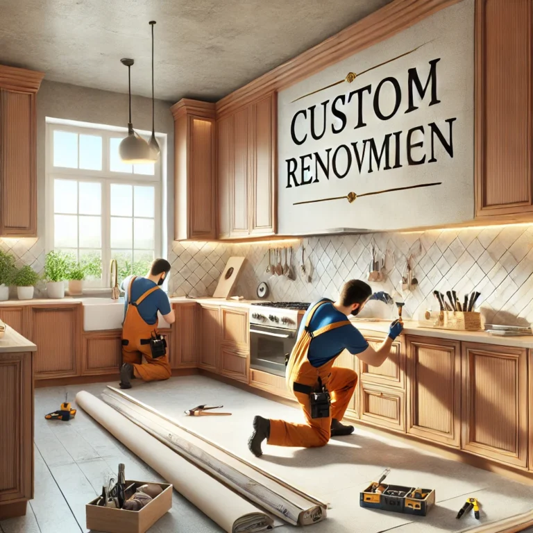 A kitchen under renovation, with workers installing custom cabinetry and countertops made of high-end materials. The space is designed for personalization and unique layouts.