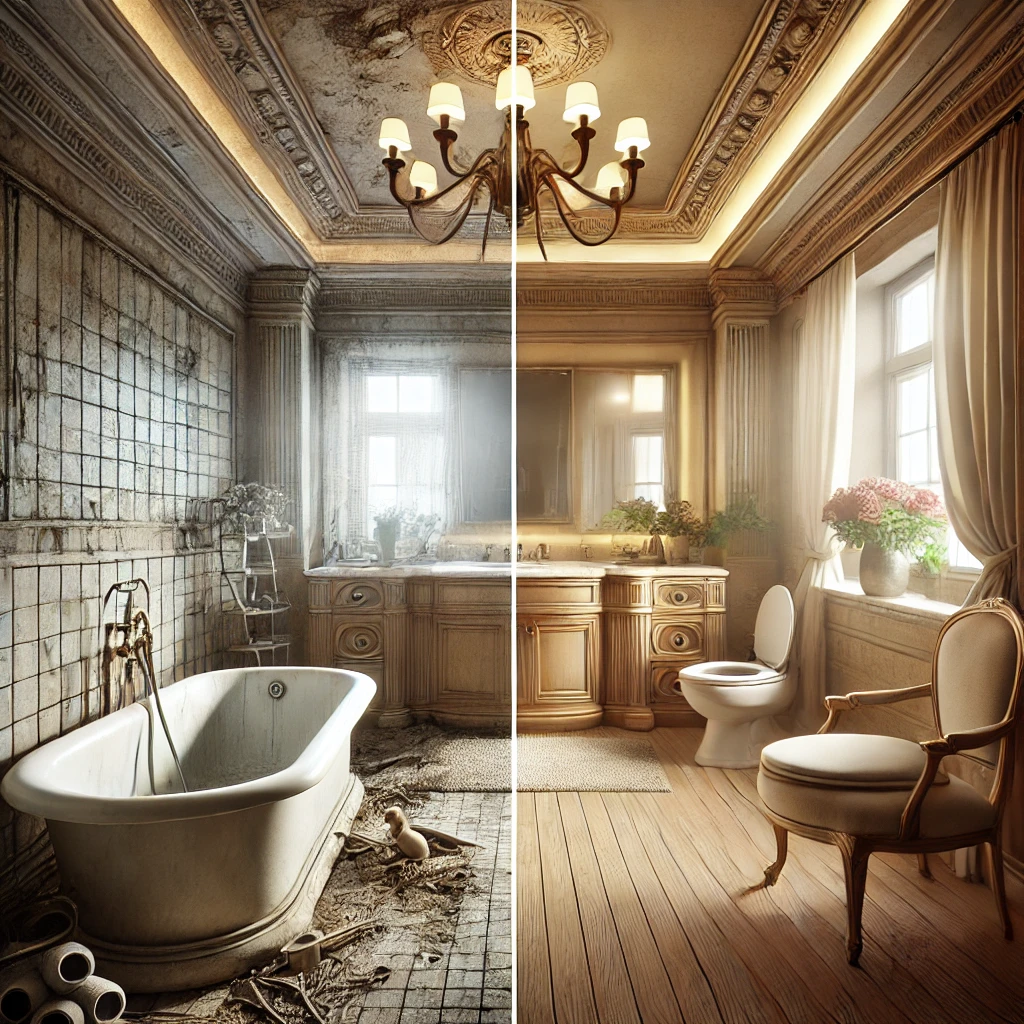 A serene spa-inspired bathroom with soft lighting, a large soaking tub, wooden elements, and soothing decor. The space radiates relaxation and tranquility.