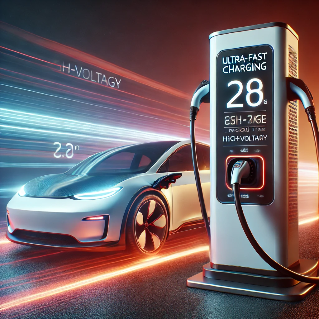 A sleek electric car plugged into a home EV charging station installed in a garage. The setting is clean and modern, representing convenience and sustainability.