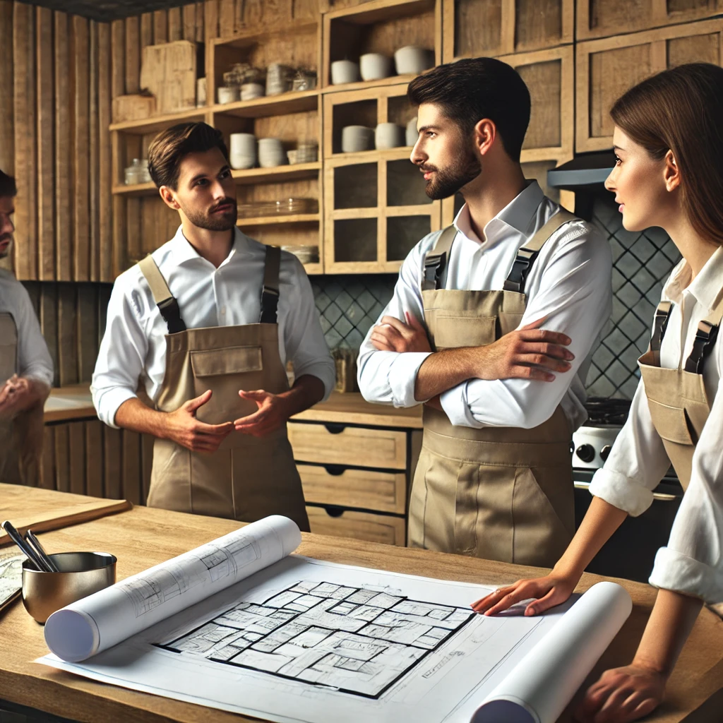 A team of kitchen renovation experts in uniform reviewing blueprints on a kitchen countertop. The background shows a partially renovated modern kitchen with construction materials.
