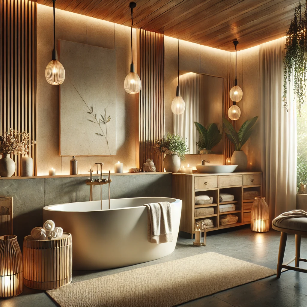 A well-organized and fast-paced bathroom renovation project, with workers installing tiles, plumbing, and lighting. The space is optimized for efficiency and quick turnaround.