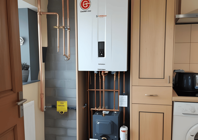 Modern gas boiler installation inside a kitchen cabinet with copper piping and efficient space management.