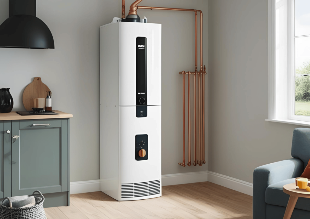 Sleek vertical boiler installation in a minimalist kitchen corner with exposed copper radiator pipes.