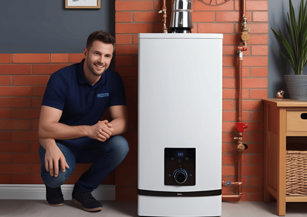 Smiling heating engineer posing next to a newly installed combi boiler against a brick wall.