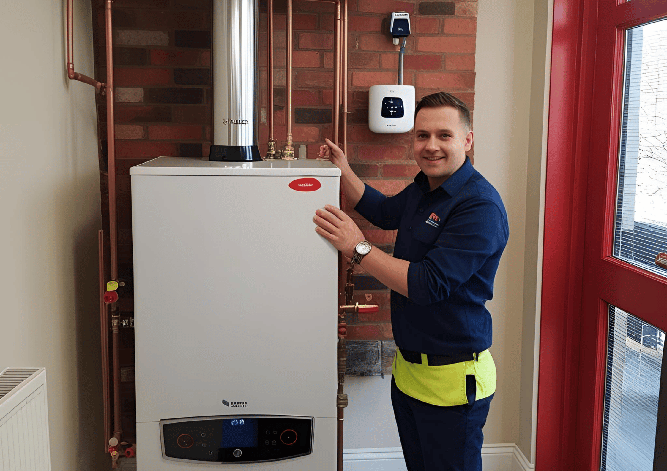 Professional boiler technician adjusting a modern gas boiler system in a residential utility room.