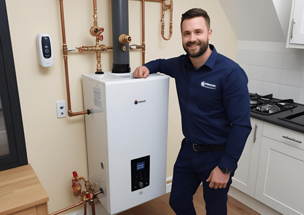 Heating engineer standing beside a combi boiler installation with clean copper pipework in a home kitchen.