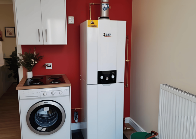 Compact boiler unit installed next to a washing machine in a brightly painted utility space.