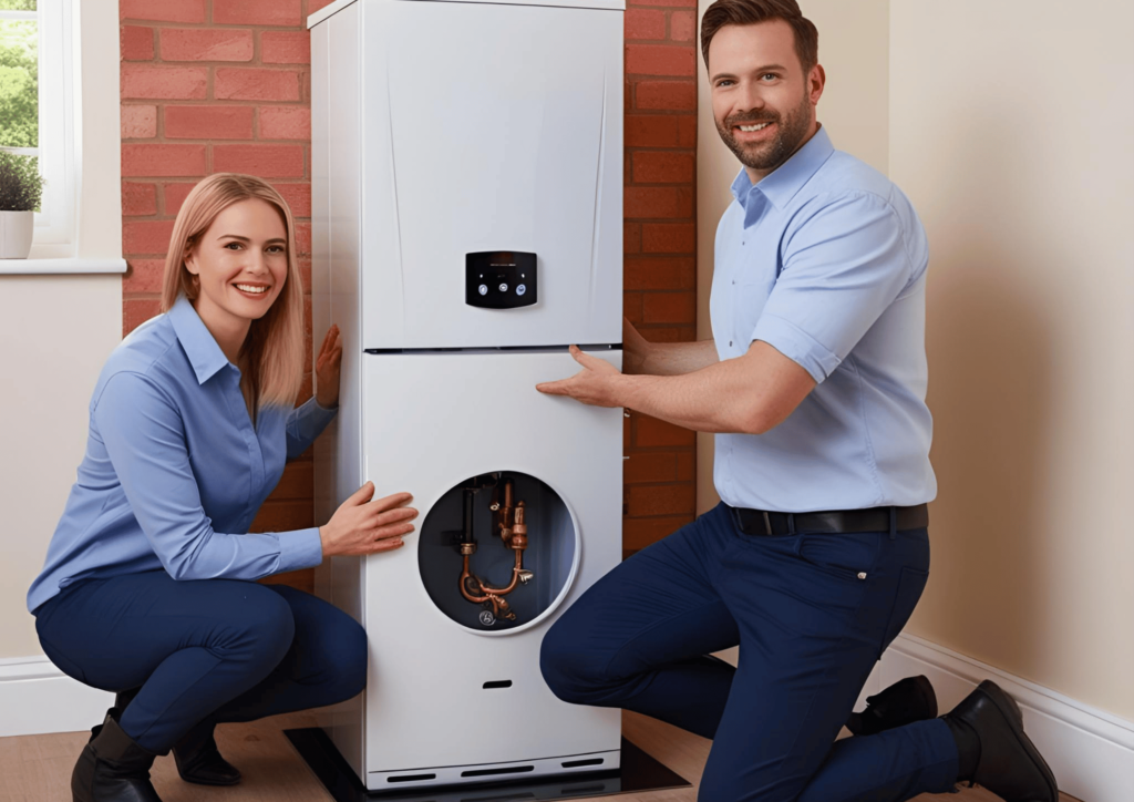 Male and female heating engineers presenting a new boiler installation with exposed internal components.