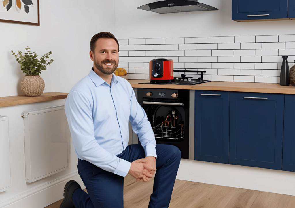 Technician kneeling next to a built-in under-counter boiler integrated into a modern kitchen design.