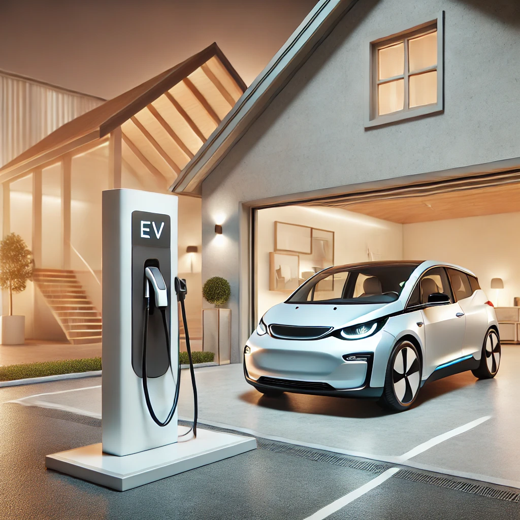 A close-up of an electric vehicle plugged into a charging station at a commercial charging hub. The digital screen displays charging progress, while a cityscape with eco-friendly branding is in the background.