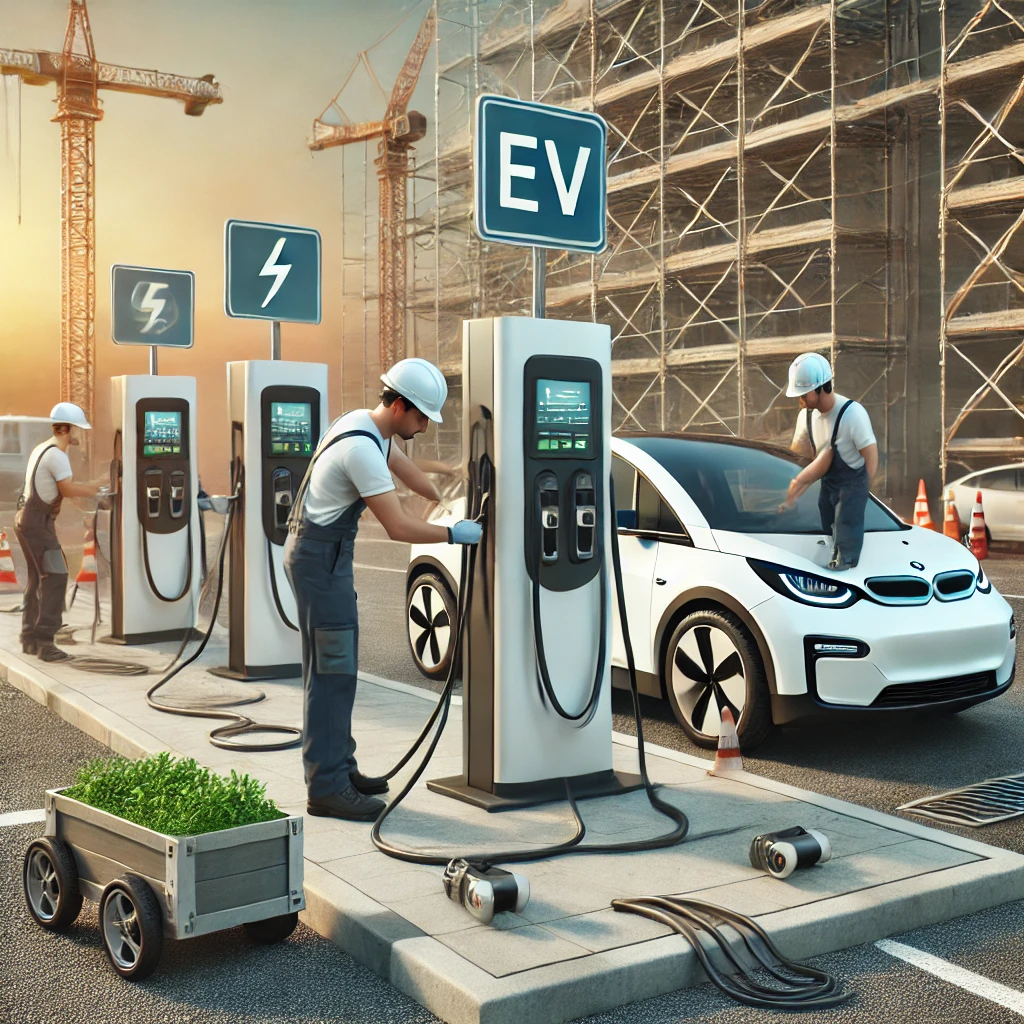 n ultra-fast EV charger with high-voltage output, charging an electric car rapidly. A digital display shows the quick charging speed and an almost full battery indicator.
