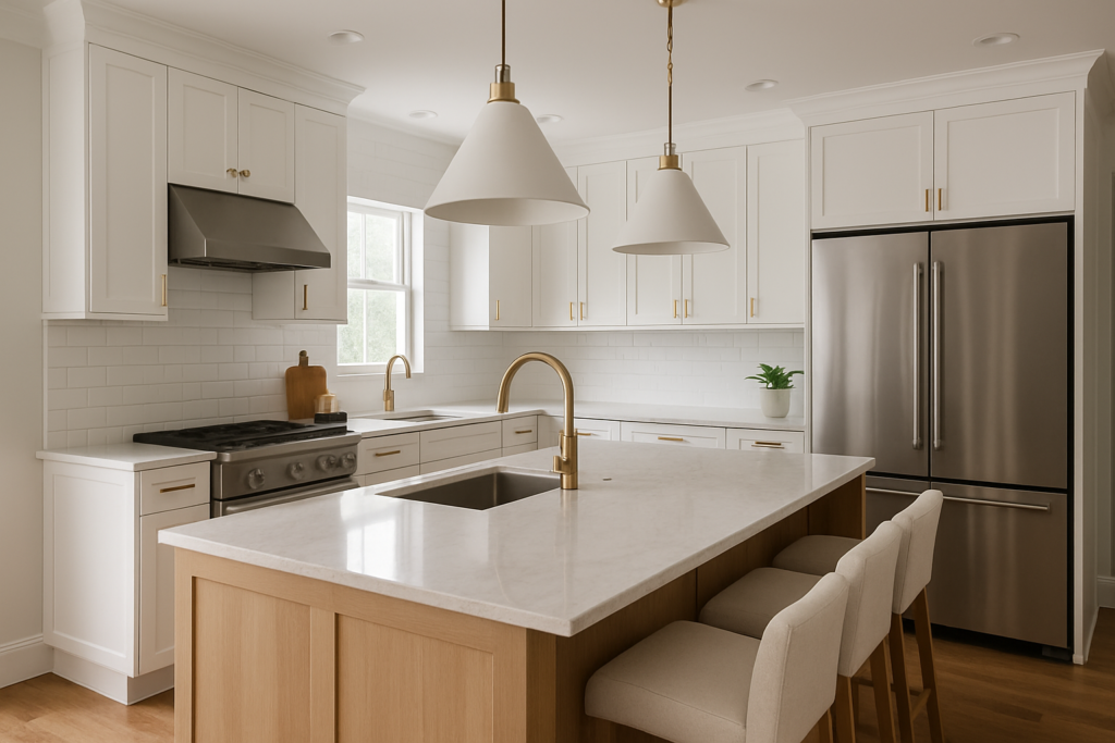 Modern luxury kitchen renovation featuring white shaker cabinets, marble countertops, gold fixtures, stainless steel appliances, and natural lighting.