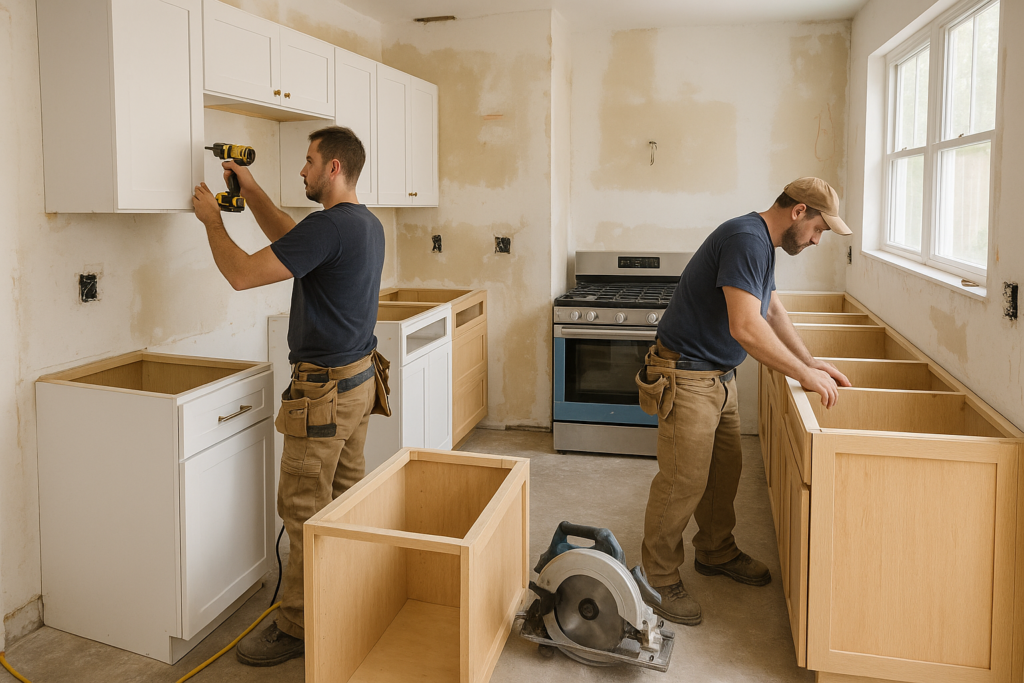 Two professional builders installing new kitchen cabinets during a home renovation, with exposed walls and construction tools visible on-site.