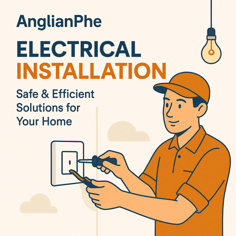 AnglianPhe promotional graphic for electrical installation services, featuring an electrician in orange uniform installing a light switch with the message Safe & Efficient Solutions for Your Home.