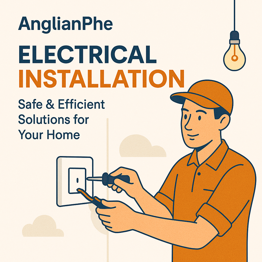 AnglianPhe promotional graphic for electrical installation services, featuring an electrician in orange uniform installing a light switch with the message Safe & Efficient Solutions for Your Home.