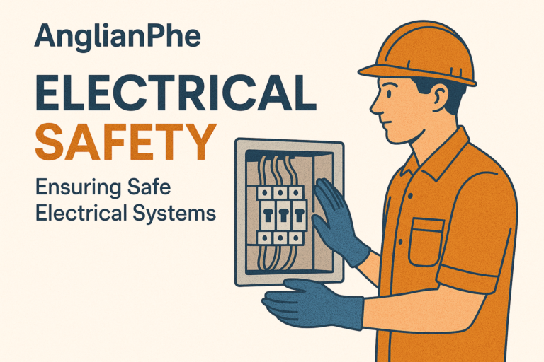 AnglianPhe promotional graphic for electrical safety, featuring a certified electrician inspecting a circuit breaker panel with the text Ensuring Safe Electrical Systems.