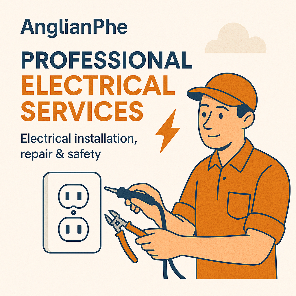 AnglianPhe promotional graphic for professional electrical services, showing a certified electrician in orange uniform wiring an outlet, with text highlighting installation, repair, and safety.