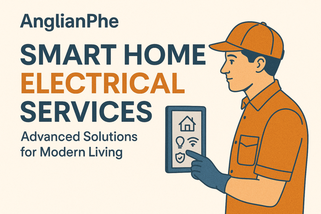 AnglianPhe promotional graphic for smart home electrical services, featuring a technician interacting with a smart home control panel and the text Advanced Solutions for Modern Living