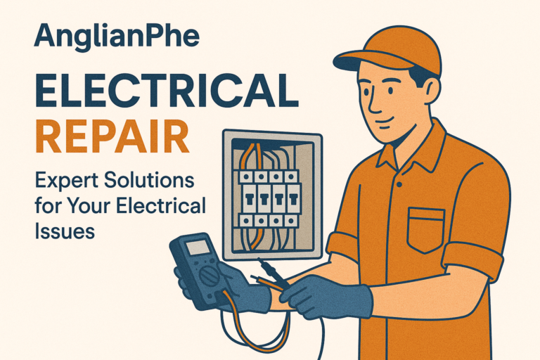 AnglianPhe promotional image for electrical repair services, featuring a professional electrician using a multimeter on an electrical panel with the text Expert Solutions for Your Electrical Issues.