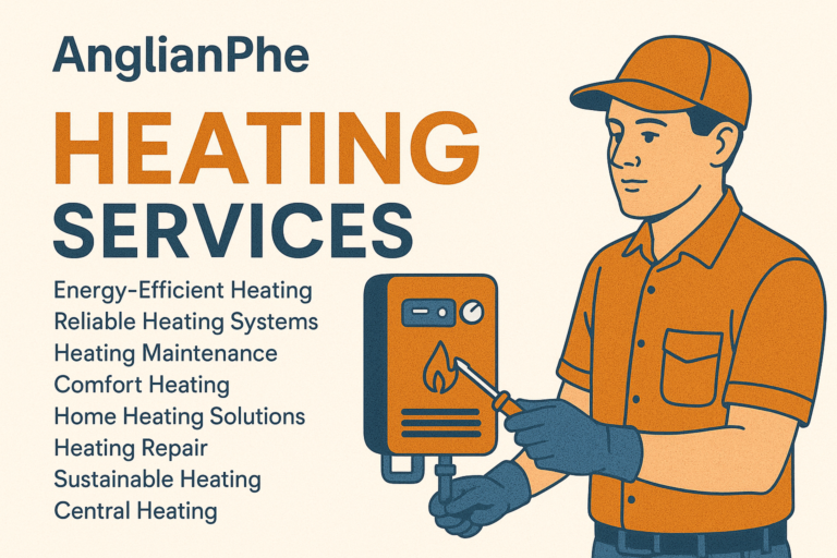 AnglianPhe promotional image for heating services, showing a technician servicing a furnace with listed services including energy-efficient heating, reliable systems, and furnace repair.