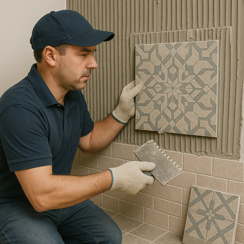 Focused tiler placing a large patterned tile on a mortar covered wall, demonstrating professional wall tiling and custom tile layout execution.