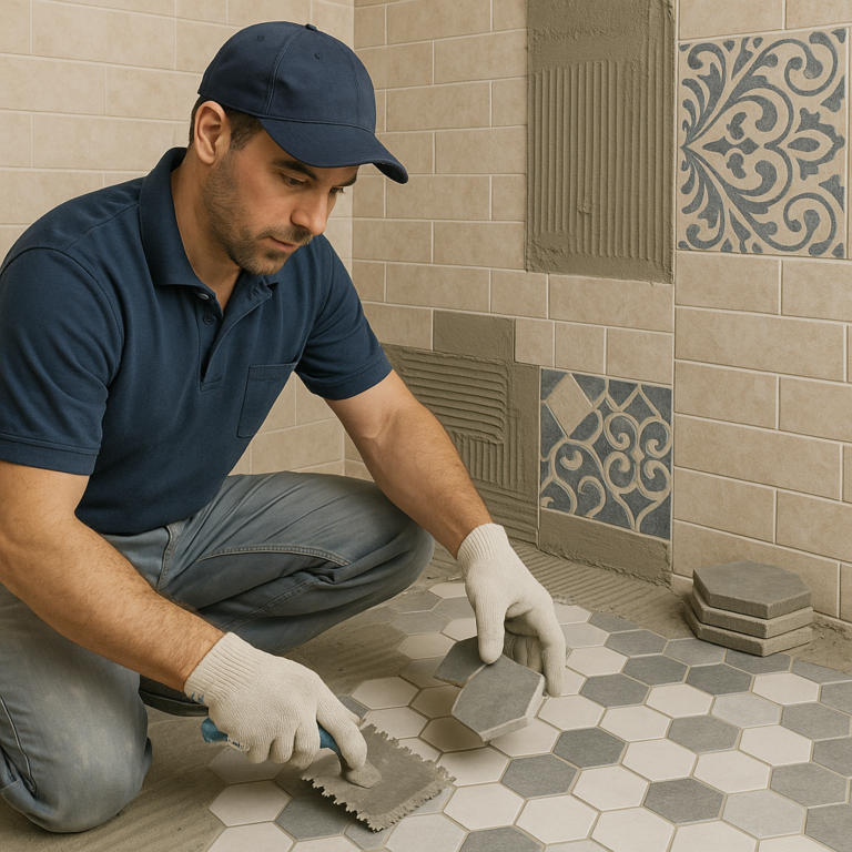 Skilled tile technician laying hexagonal ceramic floor tiles while decorative floral tiles adorn the wall, showcasing intricate tile design ideas.