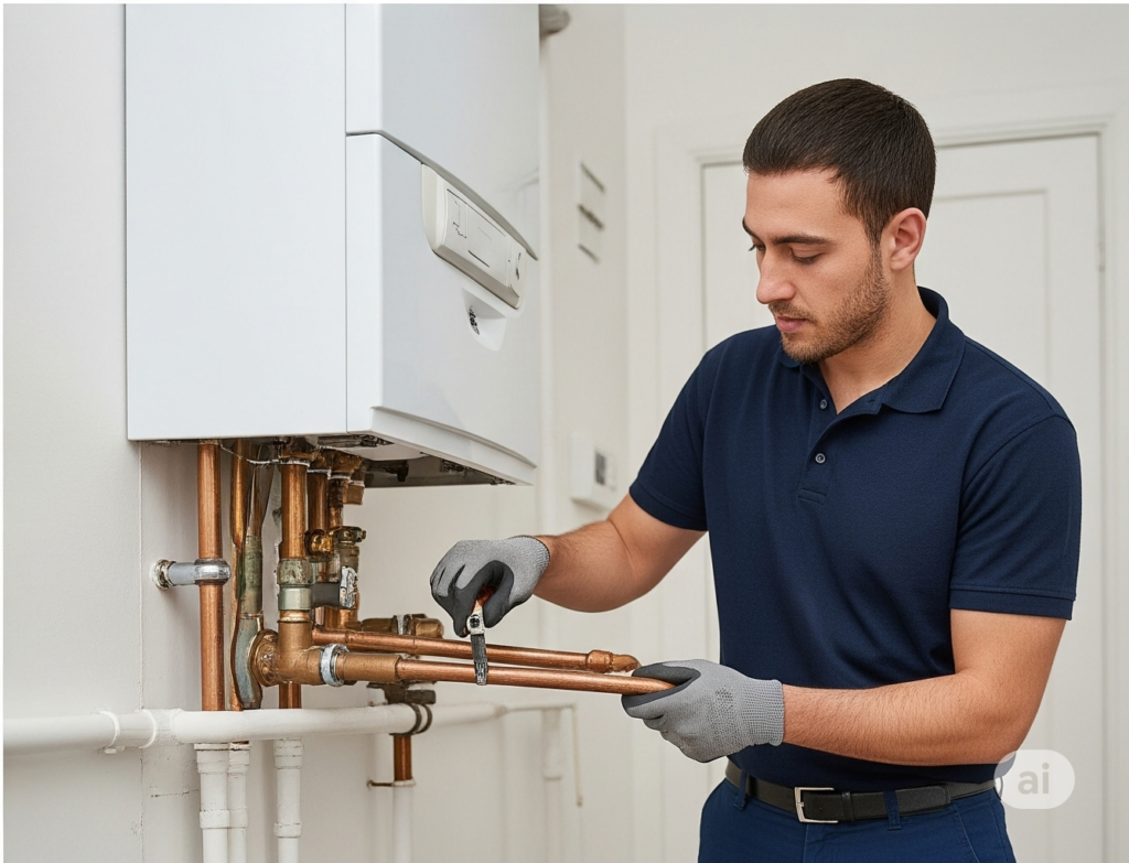 Indoor technician adjusting copper pipes for boiler repair and emergency boiler repair during planned boiler services on a residential boiler installation.