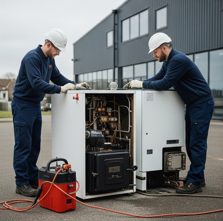 Team examining an open industrial unit for emergency boiler repair, boiler repair diagnostics and follow-up boiler services on a recent boiler installation.