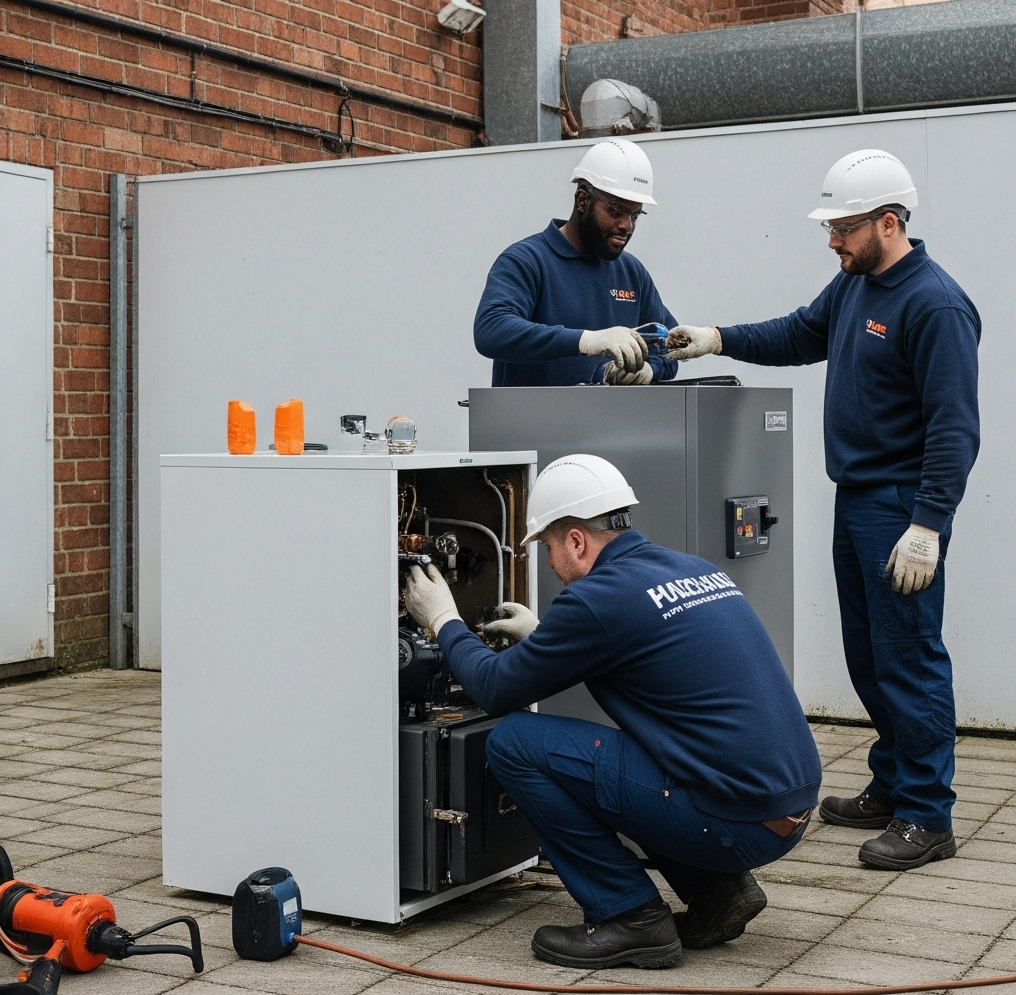 Three engineers collaborating on complex boiler repair, emergency boiler repair tasks and preventive boiler services for a commercial boiler installation.